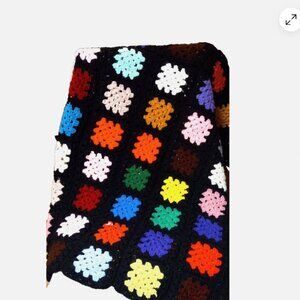 Roseanne VTG granny square blanket crocheted multi colored handmade USA 65"